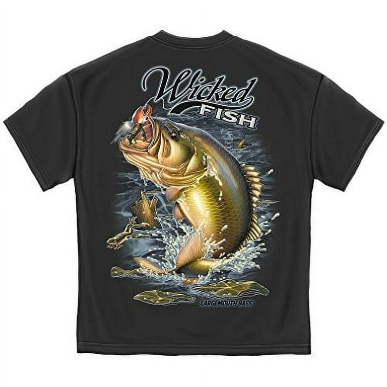 Fishing T-Shirt Wicked Fish Large Mouth Bass with Popper Jumping Frog Ice Gray