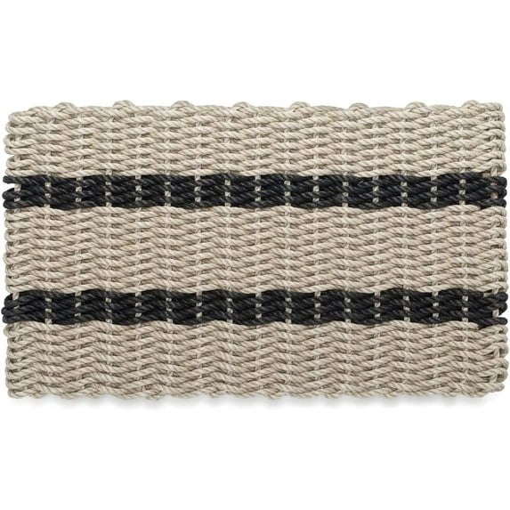 Wicked Good Doormats, Outdoor Door Mats, Marine-Grade Rope Front Door Mats Handwoven in Maine, Nautical Rope Doormat, Lobster Rope Doormat, Dark Tan with 2 Black Stripes, 24" x 36"