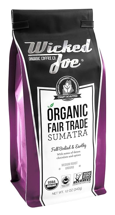 Wicked Joe 12 OZ Organic Sumatra Dark Roast Coffee, Whole Bean, Fair Trade, Bold & Smooth Flavor