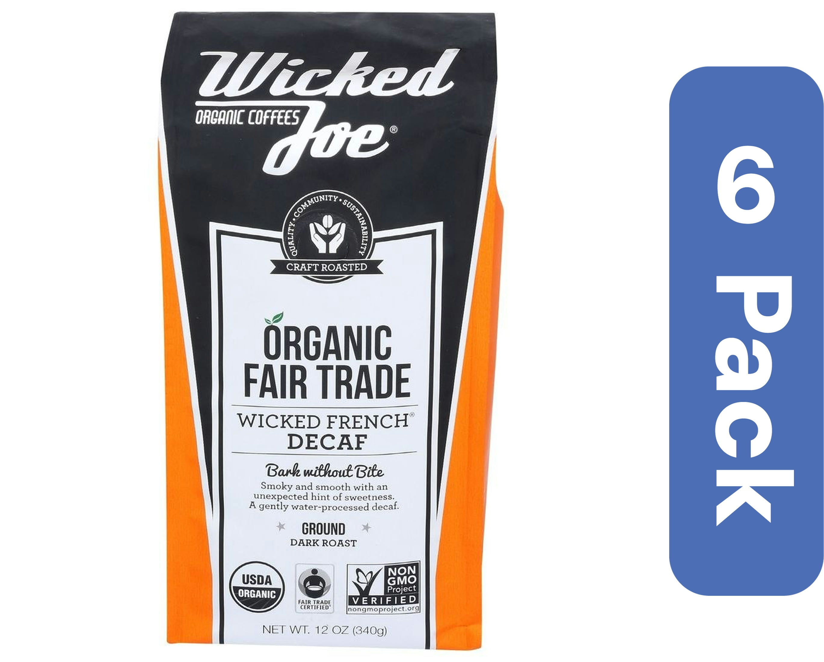 Wicked Joe Coffee Ground Decaffeinated Dark Roast (Pack of 6)