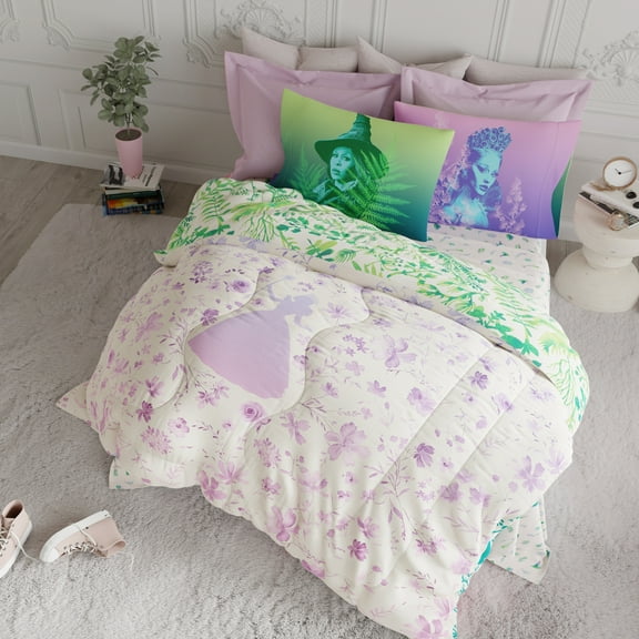 Wicked Purple Green Floral 4 Piece Reversible Comforter, Bed in a Bag, Twin
