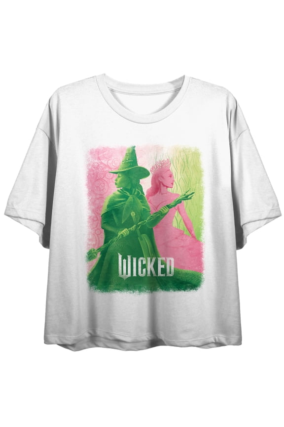Wicked Part 1 Elphaba & Glinda Green & Pink Graphic Women's White Crew Neck Short Sleeve Crop Top-Medium