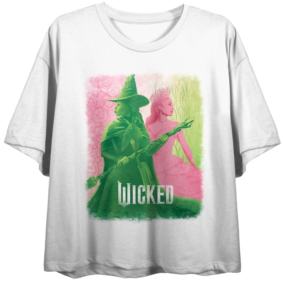 Wicked Part 1 Elphaba & Glinda Green & Pink Graphic Women's White Crew Neck Short Sleeve Crop Top-Small