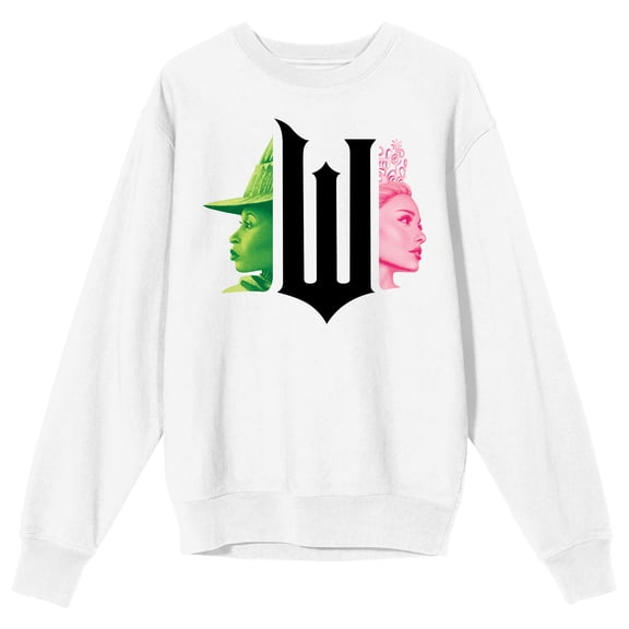 Wicked Part 1 Elphaba & Glinda W Logo Adult White Crew Neck Long Sleeve Sweatshirt-XXL