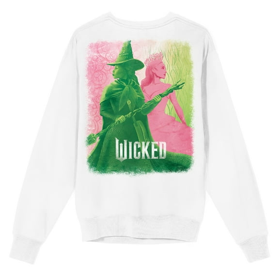 Wicked Part One Elphaba & Glinda Green & Pink Graphic Women's White Crew Neck Long Sleeve Sweatshirt-Medium