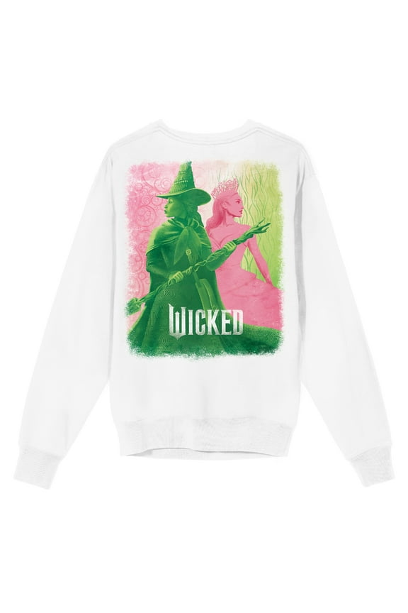 Wicked Part One Elphaba & Glinda Green & Pink Graphic Women's White Crew Neck Long Sleeve Sweatshirt-Small
