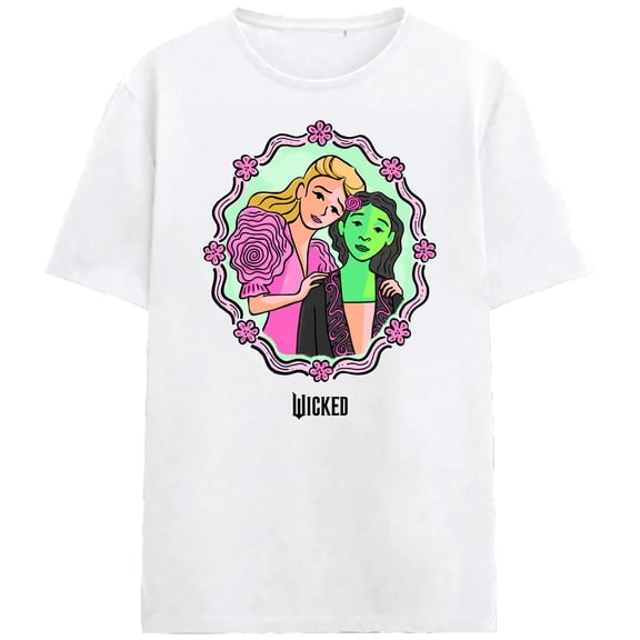 Wicked Part One Green Goes Well With Pink Mirror Scene Adult White Crew Neck Short Sleeve T-shirt-Medium