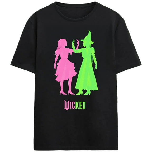 Wicked Part One Pink & Green Dancing Silhouettes Adult Black Crew Neck Short Sleeve T-shirt-Medium
