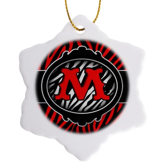 Wicked Red Zebra Initial Letter M, 3 inch Snowflake Porcelain Ornament