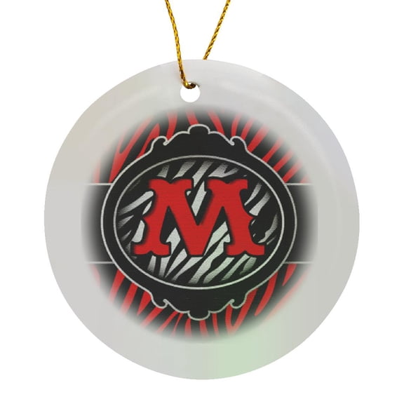 Wicked Red Zebra Initial Letter M, Circle Porcelain Ornament