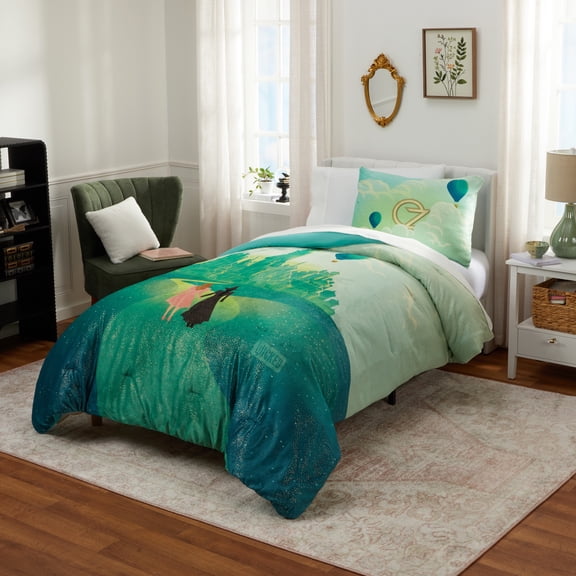 Wicked Reversible Comforter and Sham Set, Twin/Full, Green, Velboa With Gold Foil Accents
