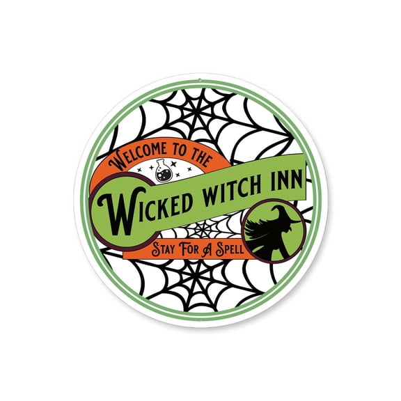 Wicked Witch Inn Spider Web Halloween Aluminum Metal Decor Sign - 12" Round