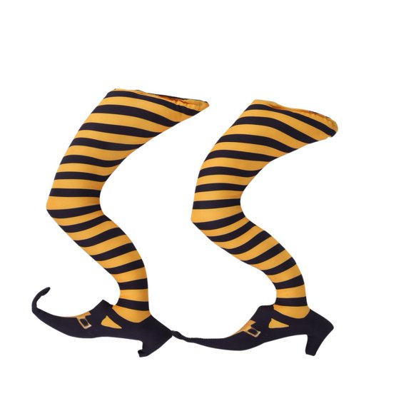 Wicked Witch Legs Prop with Broomstick and Maple Leaves Halloween Witch Legs for Patio, Yard Witch Legs Decorations, Yellow and Black