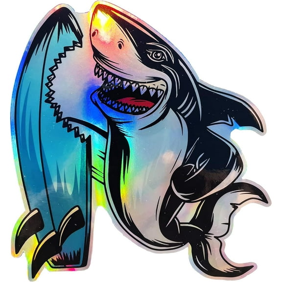 WickedGoodz Shark Holographic Vinyl Decal - Surfing Bumper Sticker - for Laptops Tumblers Windows Cars Trucks Walls