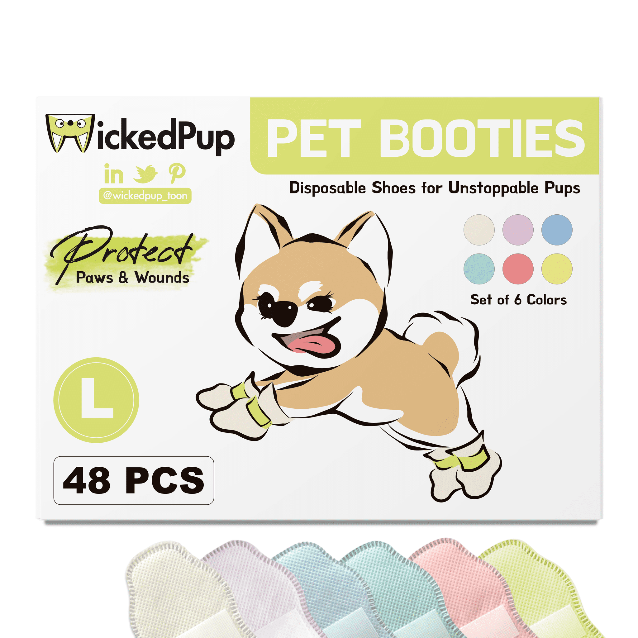 WickedPup Disposable Pet Booties for Dogs & Cats, Set of 6 Colors, 48ct
