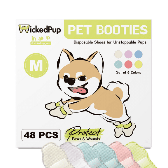 WickedPup Disposable Pet Booties for Dogs & Cats, Set of 6 Colors, 48ct, M (for Small Dogs)