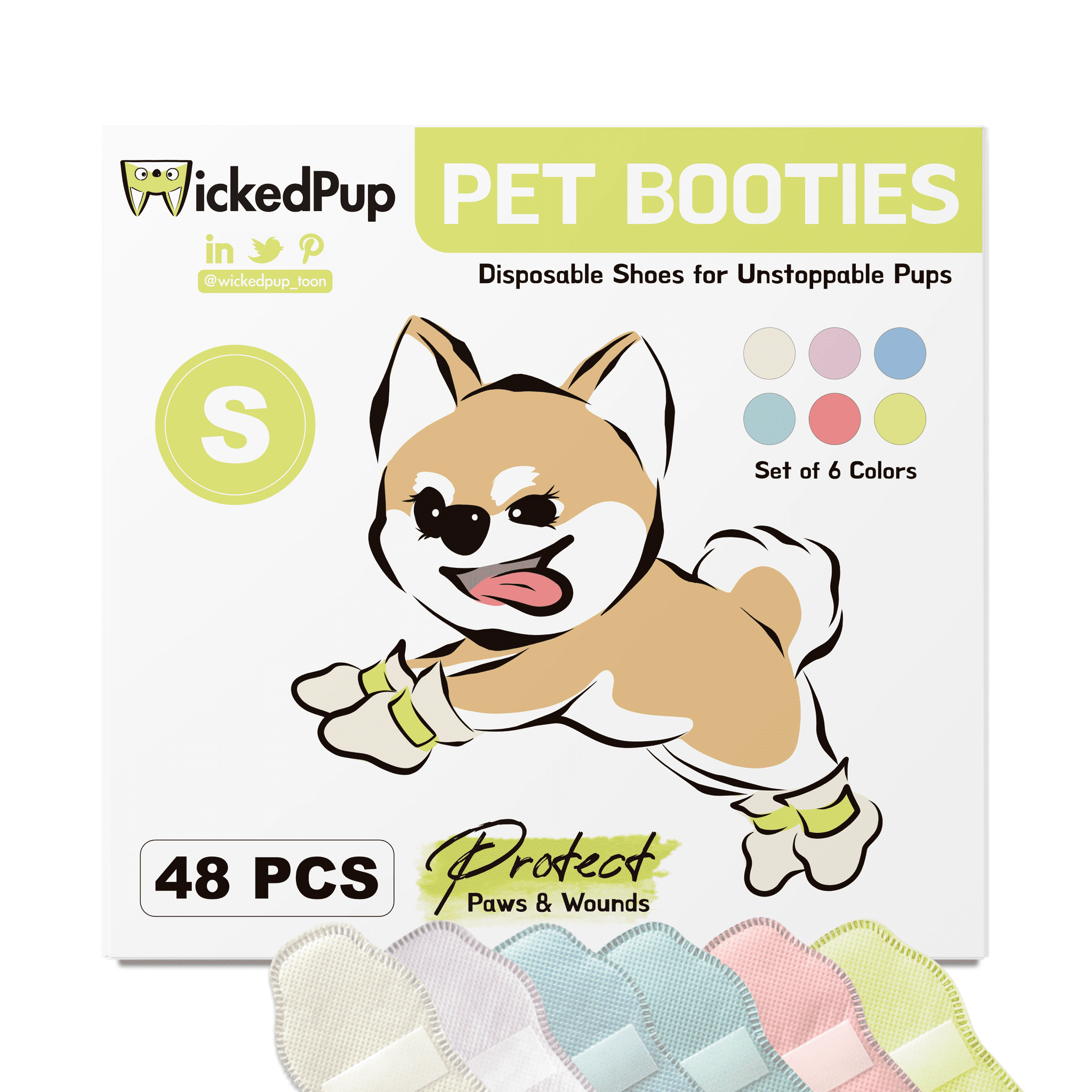 WickedPup Disposable Pet Booties for Dogs & Cats, Set of 6 Colors, 48ct