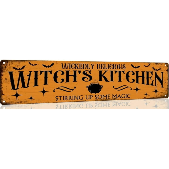 Wickedly Delicious Witch's Kitchen Tin Sign Vintage Halloween Metal Signs Gothic Halloween Witch Decorations for Cafe Bar Kitchen 4x16 Inch