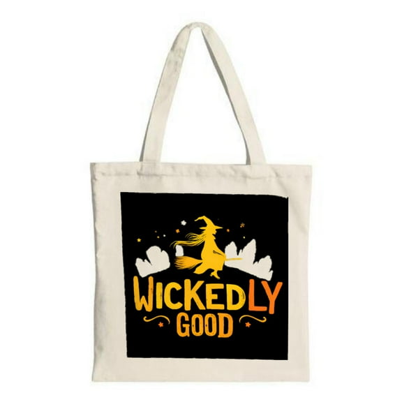 Wickedly Good Tote Bag - Black Canvas with Silhouette of on Broomstick Stars & Clouds Perfect for Shopping & Travel