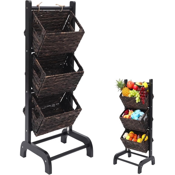 Wicker 3 Tier Foldable Storage Basket Floor Rack with Market Storage Basket Water Hyacinth Storage Rack Hand Woven Laundry Rack for Bathroom Kitchen Laundry Room Living Room Storage(White)