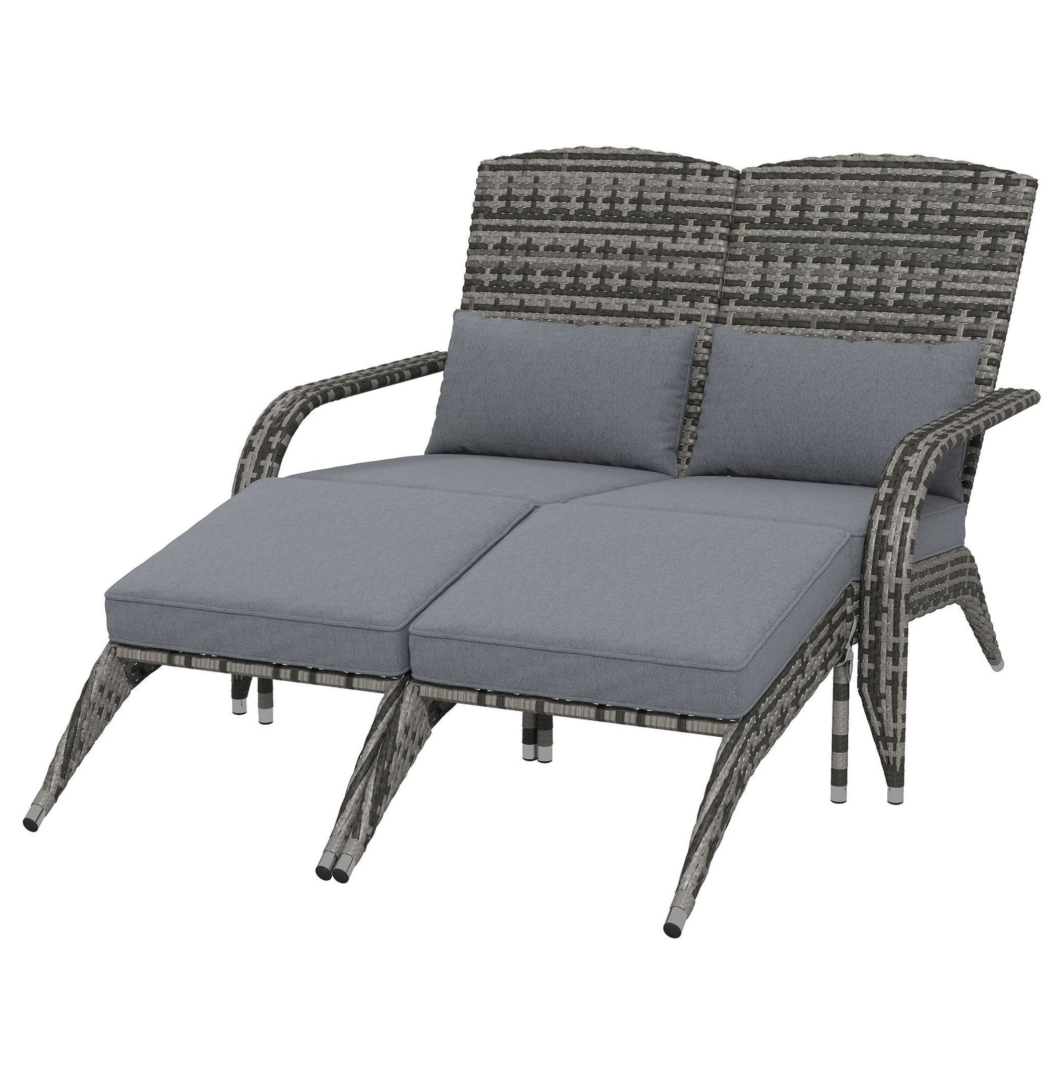 Wicker Adirondack Chair for 2, PE Rattan Double Chaise, Fire Pit Chair with Cushions & Footrests, Mixed Gray - Outdoor Patio Furniture