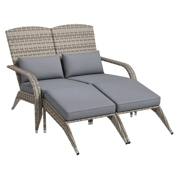 Wicker Adirondack Chair for 2, PE Rattan Double Chaise Lounge, Fire Pit Chairs, Cushions & Footrests, Gray, Outdoor Patio Furniture
