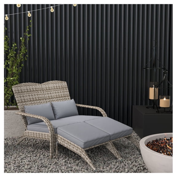 Wicker Adirondack Chair for 2, PE Rattan Double Chaise Lounge, Gray Cushions & Footrests, Fire Pit Chair, Wide Armrests, High-back Outdoor Seating