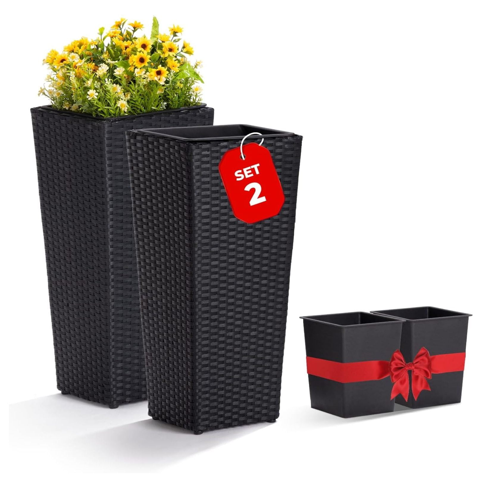 Wicker AllWeather Planter Set with Liners Tall Plant Decor Box for