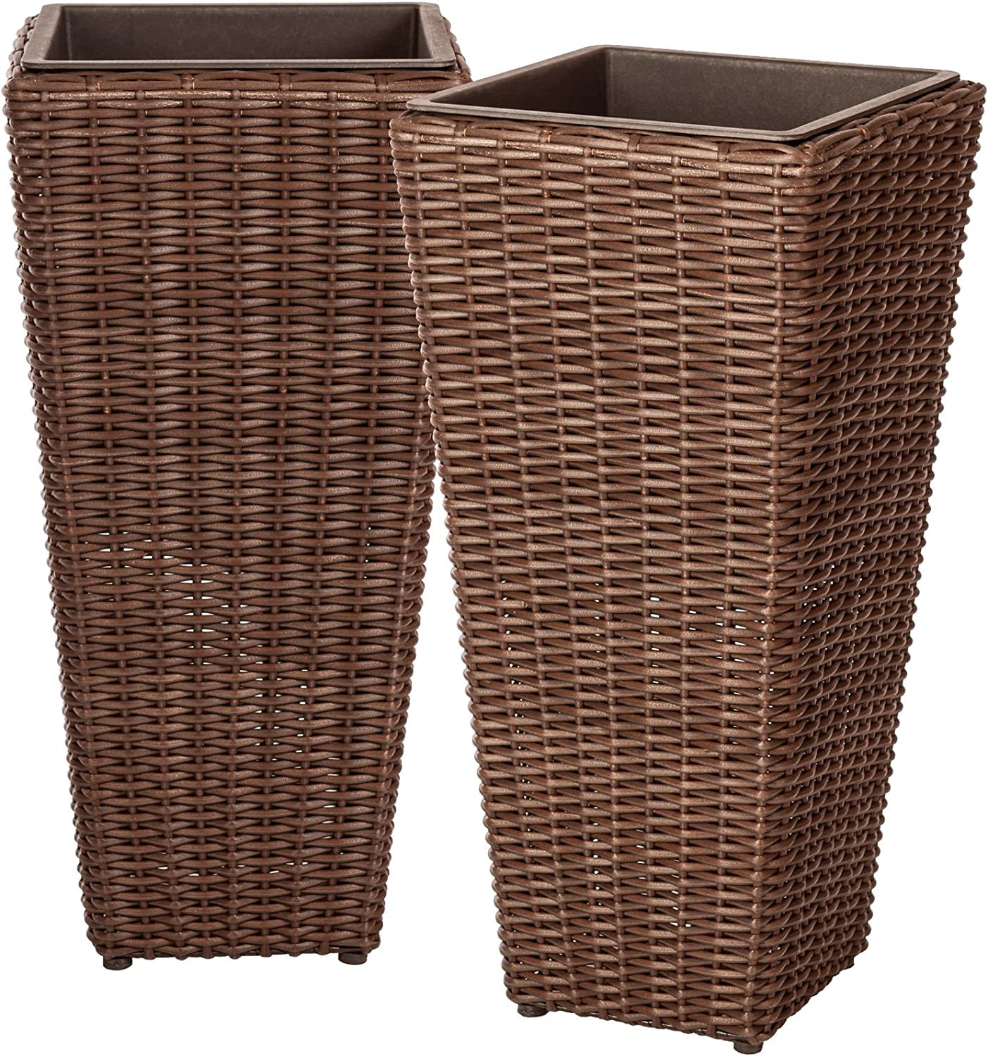 Wicker All-Weather Planter Set with Liners Tall Plant Decor Box for Outdoors Patio Herb Garden Furnishings - Mocha - Pack of 2