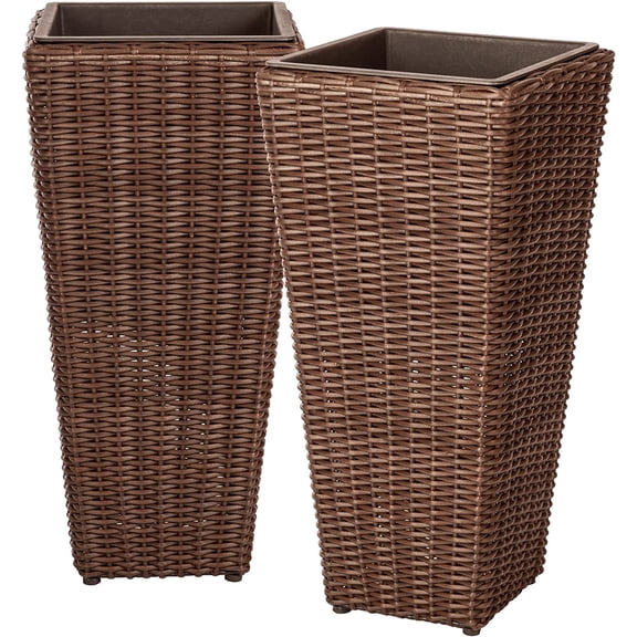 Wicker All-Weather Planter Set with Liners Tall Plant Decor Box for Outdoors Patio Herb Garden Furnishings - Mocha - Pack of 2