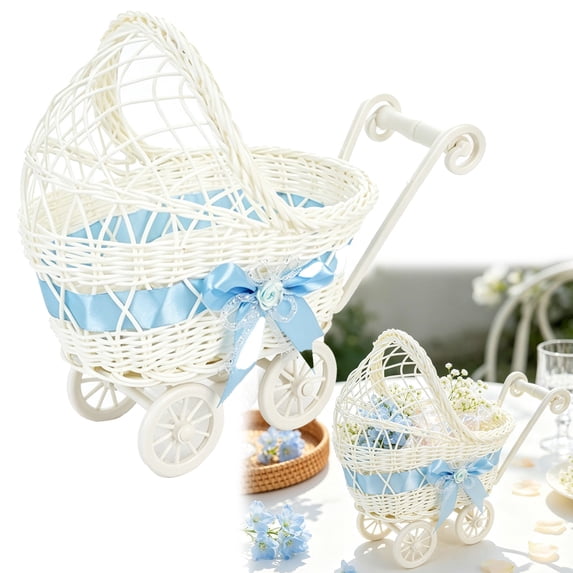 Wicker Baby Carriage for Baby Shower, Mini Wicker Stroller Decoration Rattan Doll Carriage Woven Candy Basket Centerpiece Decor for Baby Shower Party Favors