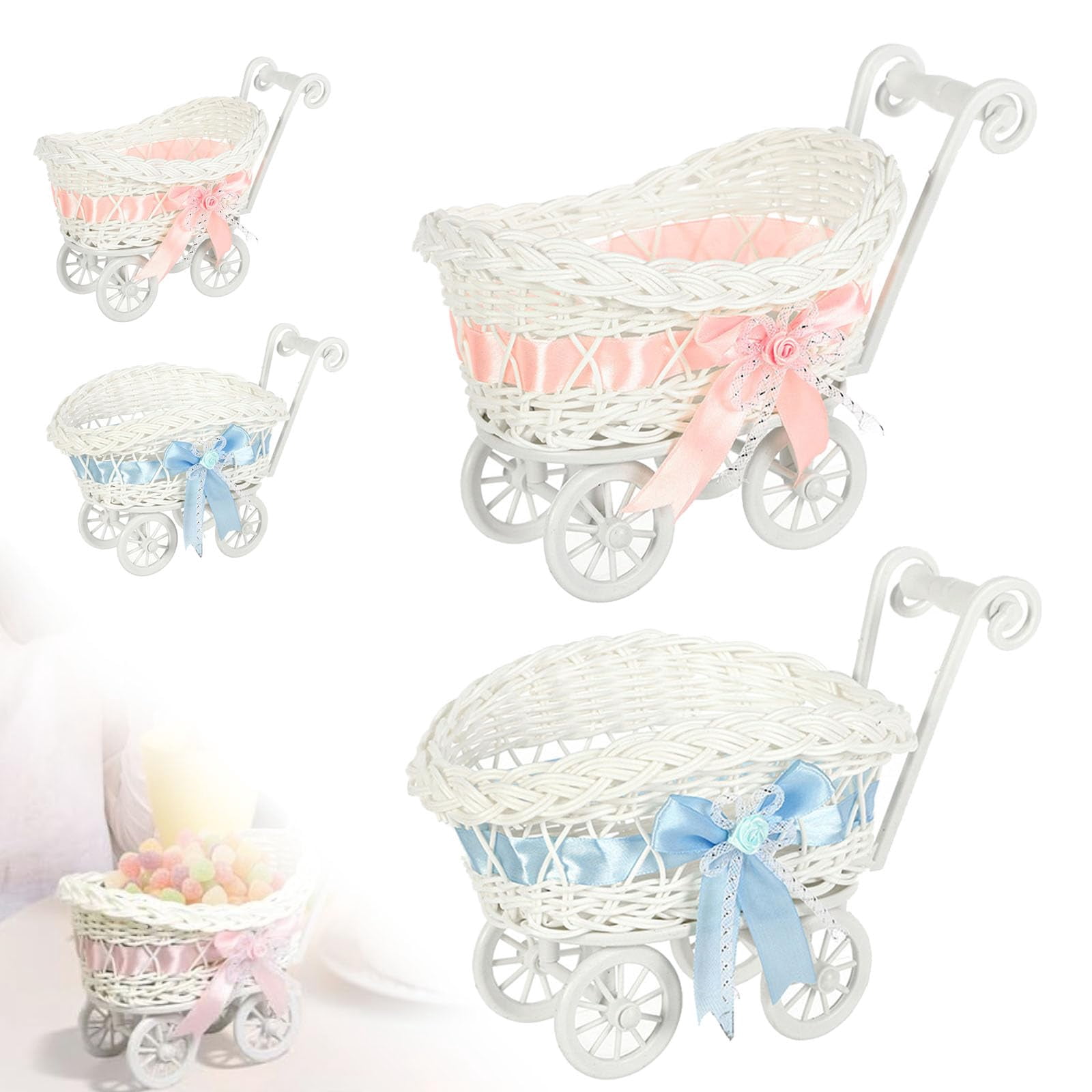 Wicker Baby Carriage for Baby Shower, Woven Rattan Stroller Flower ...