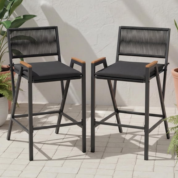 Wicker Bar Stool, Counter Height Patio Chair with Cushion | Rattan Woven Metal Modern Barstools, All-Weather Outdoor Furniture, Set of 2, Black