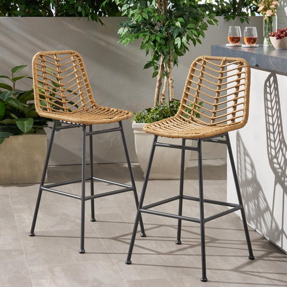 Wicker Bar Stools Outdoor Rattan Barstools Patio Bar Stool Set, 2-Pack Faux Rattan Woven Seat and Black Iron Frame, Modern Design for Garden Backyard Seating, Light Brown 28.75" Seat Height