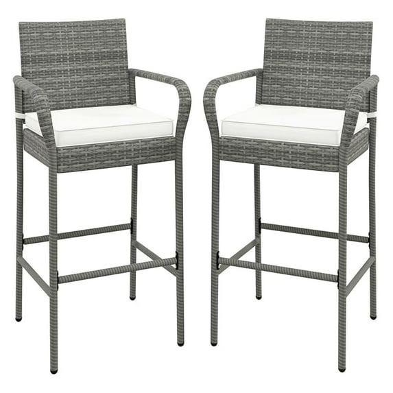 Wicker Bar Stools Set of 2, Patio Bar Height Chairs with Cushions, Armrests and Footrests, Outdoor Rattan Barstools for Backyard, Deck, Pool, 400 lbs Max Load (2, Mix Grey)