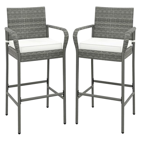 Wicker Bar Stools Set of 2, Patio Bar Height Chairs with Cushions, Armrests and Footrests, Outdoor Rattan Barstools for Backyard, Deck, Pool, 400 lbs Max Load (2, Mix Grey)