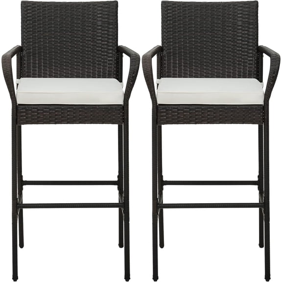 Wicker Bar Stools Set of 2, Bar Chairs with Armrests, Footrests, Seat Cushions, Outdoor High Back Bar Stools for Patio Balcony Poolside