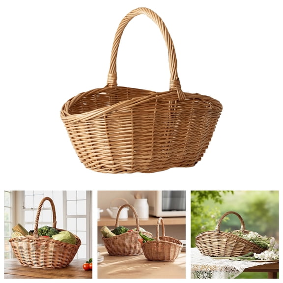 Wicker Basket 11.42 x 10.24 Inch Empty Oval Willow Woven, Large Storage Basket with Handle for Gift Picnic and , Egg Gathering Wedding Basket, Storage
