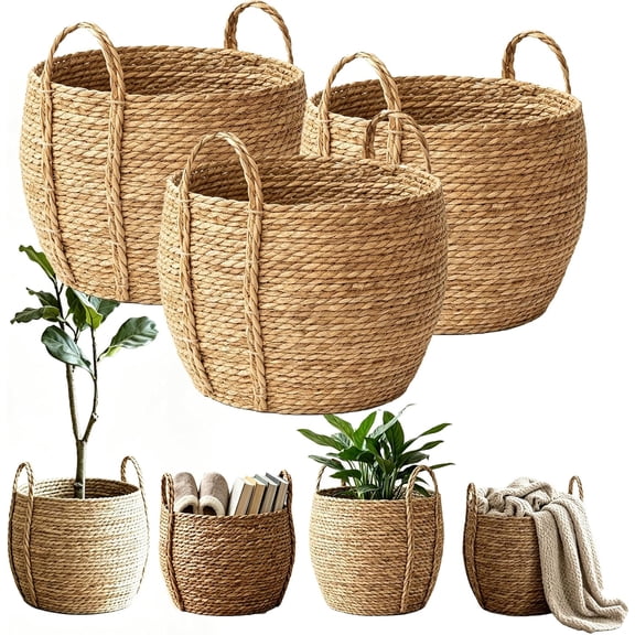 Wicker Basket for Blankets, Large Round Wicker Blanket Basket with Handles for Living Room, Rattan Grass Woven Flower Baskets Planter Pot, Decorative Floor Standing Storage Organizer (3PCS-M)