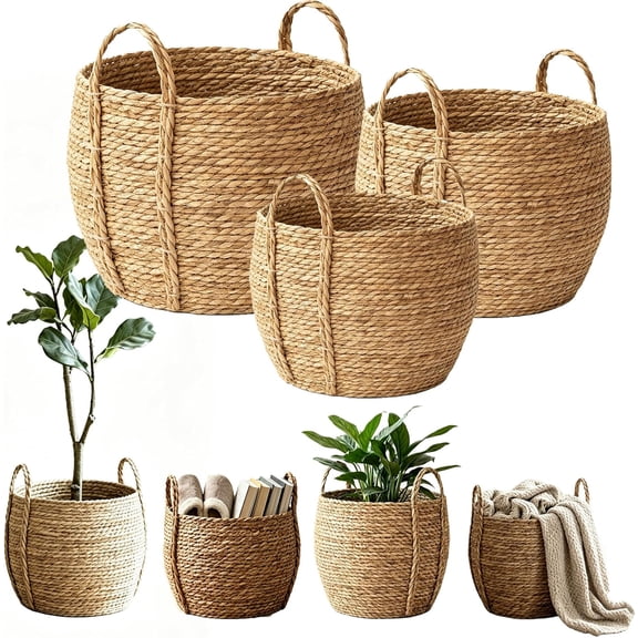 Wicker Basket for Blankets, Large Round Wicker Blanket Basket with Handles for Living Room, Rattan Grass Woven Flower Baskets Planter Pot, Decorative Floor Standing Storage Organizer (S+M+L)