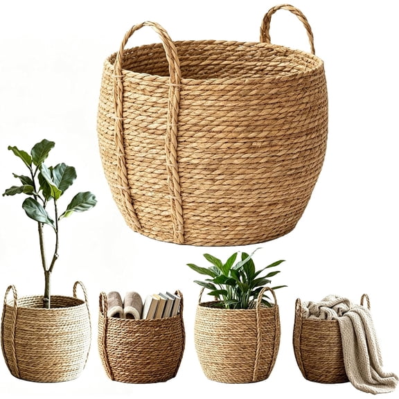 Wicker Basket for Blankets, Large Round Wicker Blanket Basket with Handles for Living Room, Rattan Grass Woven Flower Baskets Planter Pot, Decorative Floor Standing Storage Organizer (1PC-S)