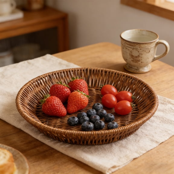 Wicker Basket, Flat Basket, Fruit Basket Imitation Vines Woven Plastic Storage Basket, Lightweight Serving & Storage Solution