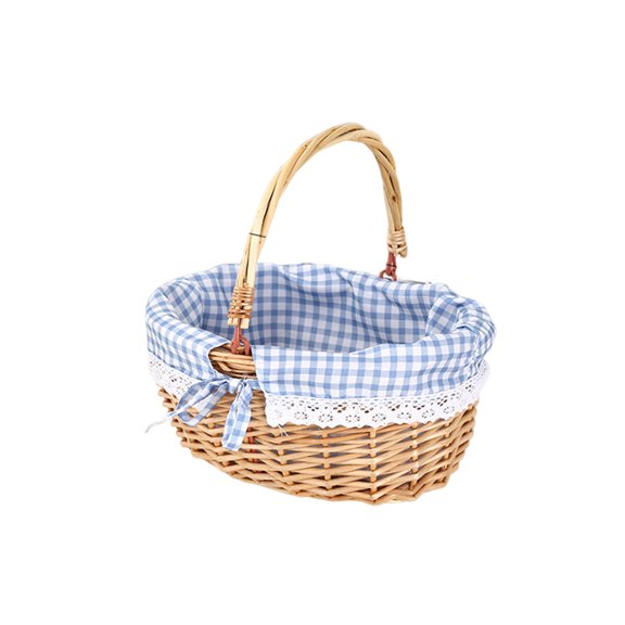 Wicker Basket with Handle and Blue Gingham Liner, Handwoven Willow Storage Basket Rustic Farmhouse Decorative Basket for Picnic, Table Display, Kitchen Counter Organizer