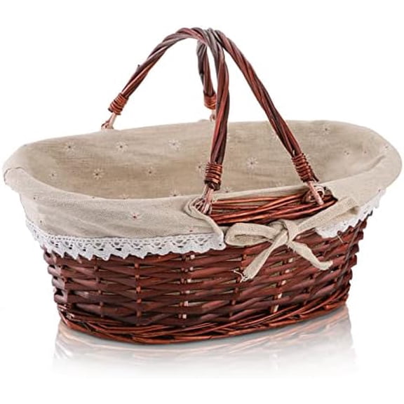 Wicker Basket with Handle, Picnic Baskets with Liner, Empty Gift Gardening Baskets for Harvesting, Willow Organizer Storage Basket for Fruit, Candy, Wine, Gathering, Wedding