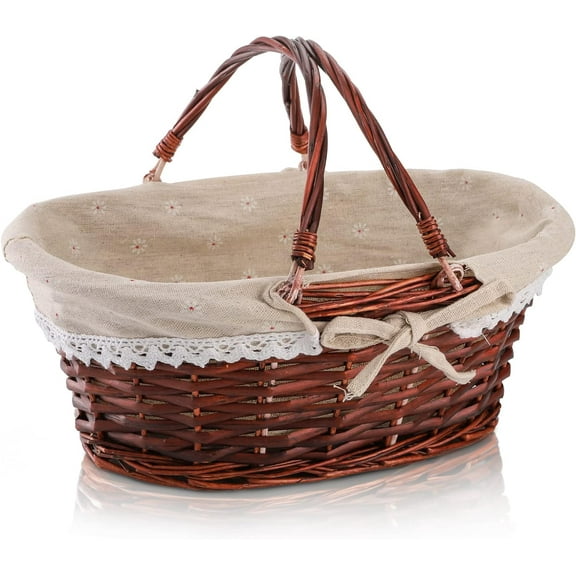Wicker Basket with Handle, Picnic Baskets with Liner, Empty Gift Gardening Baskets for Harvesting, Willow Organizer Storage Basket for Fruit, Candy, Wine, Gathering, Wedding