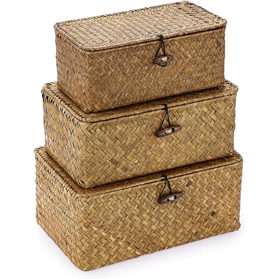 Wicker Basket With Lid - Rectangular Lidded Basket Box Natural Seagrass Storage Baskets Woven Decorative Basket Bin for Shelf Home Decor,Caramel Color,Set of 3