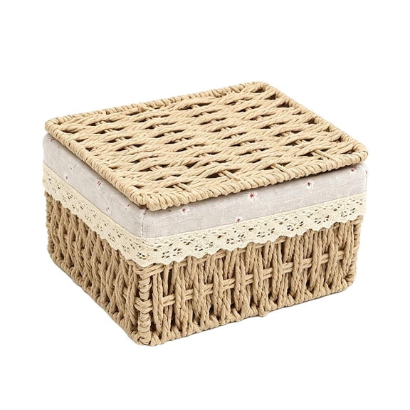 Wicker Basket with Liner, Wicker Baskets Set with Removable Linen Liner, Woven Nesting Organizer Bins for Pantry Bathroom Closet & Dresser Home Decor(With Lid) - White/Size S