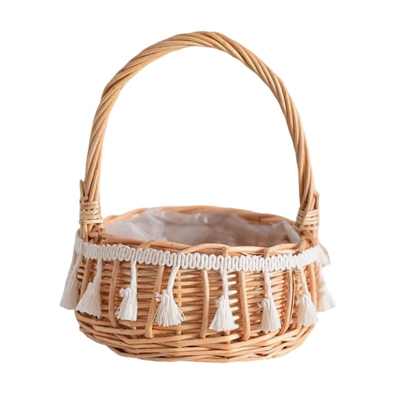 Wicker Basket Rattan Woven Flower Girl Basket with Handle Rustic Storage for Wedding Ceremony Boho Fringe Photo Prop Home Birthday Decor 3x6x7.8 Inch