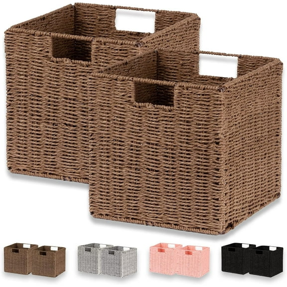 Wicker Basket, Set of 2 Hand-Woven Paper Rope Storage Baskets for Organizing, Foldable Cubby Storage Bins, 11 Inch Large Wicker Storage Basket, Square Baskets Cube Storage Organizer, Brown