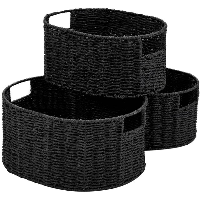 Wicker Basket, Set of 3 Round Storage Baskets for Organizing, Woven Paper Rope Wicker Storage Basket with Handles, Black Cube Storage Organizer Bins Baskets for Shelves & Decor, Black